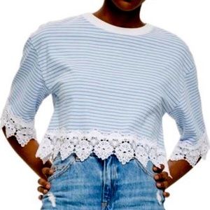 Topshop Crop Top w/ Lace Hem Blue n White Sz 4 NWT